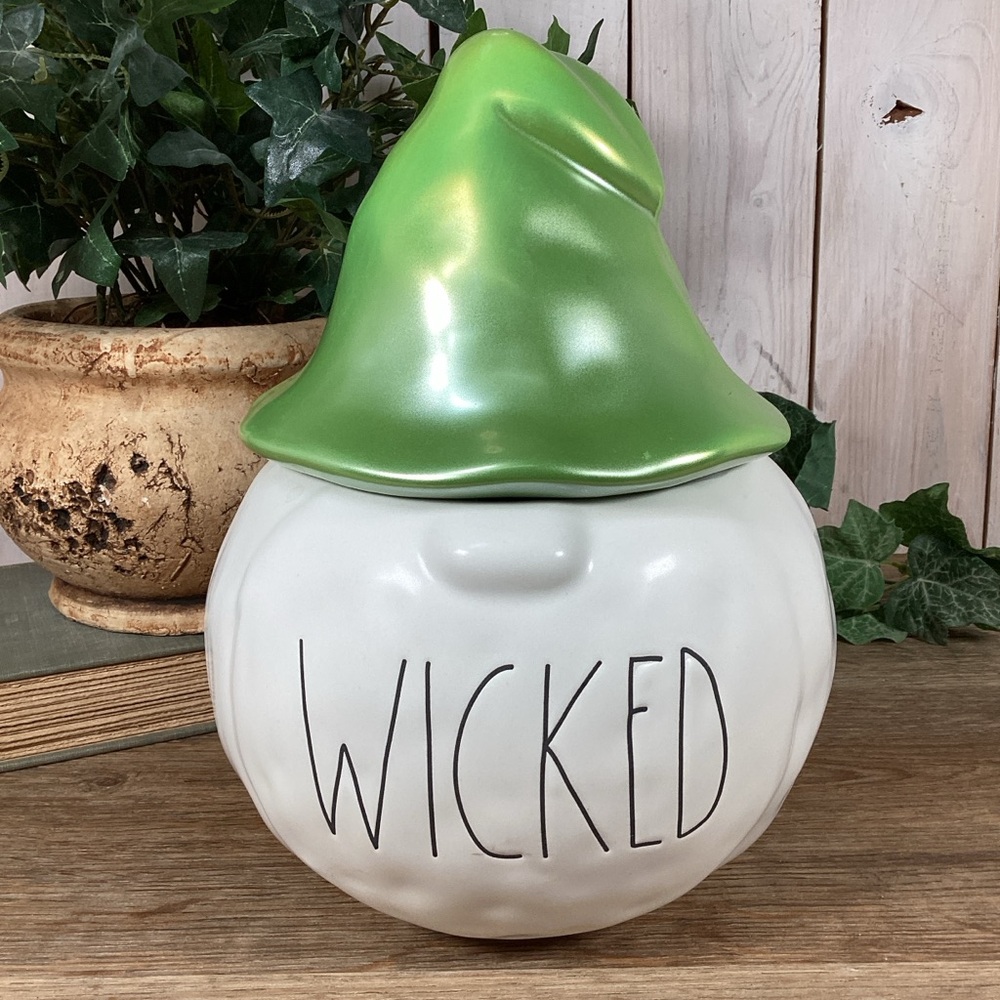 Rae Dunn WICKED Halloween Pumpkin Gnome with Green Luster Hat Ceramic 9.5”